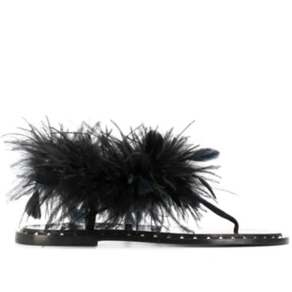 Valentino Garavani Couture Runway Black Feathered Sandals studded rockstud 39 - Picture 1 of 13